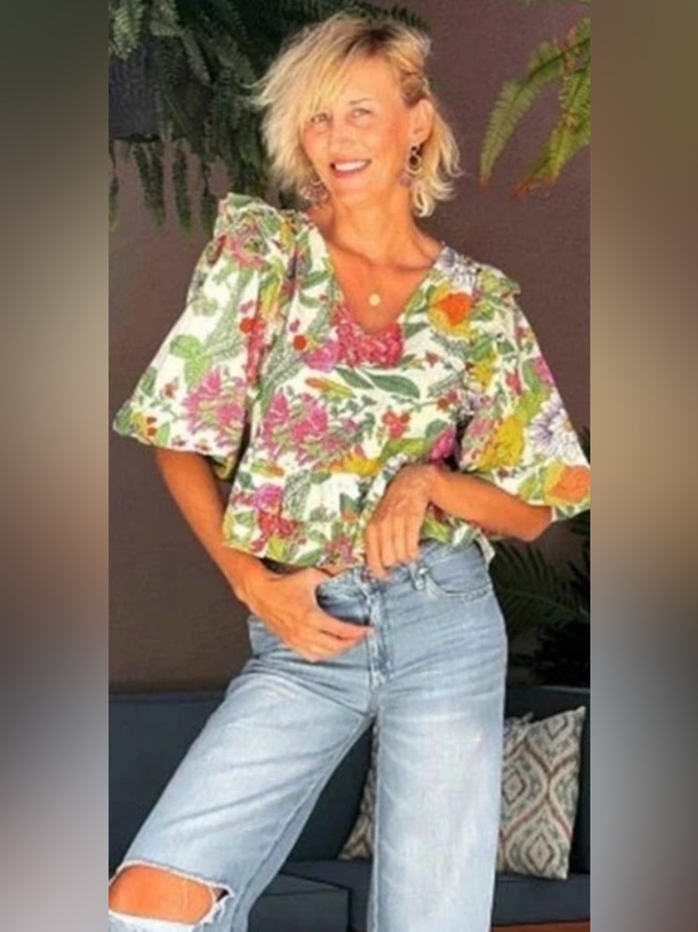 Love The Label Mitzie Floral Ruffle Blouse Anthropologie Puff Sleeve Top Size M